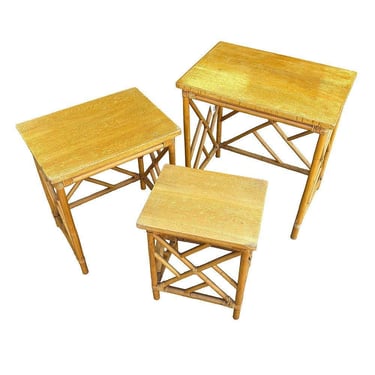 Restored Mid-Century Set of 3 Rattan Nesting Side Tables w/ Mahogany Top 