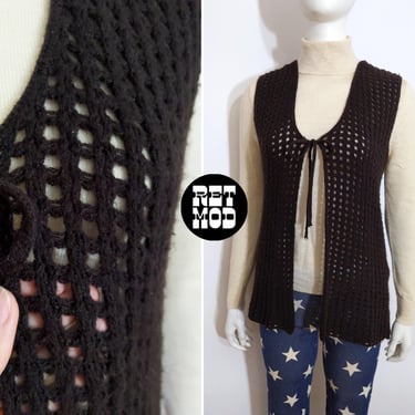 Basic Boho Vintage 60s 70s Dark Brown Crochet Waistcoat Long Vest 