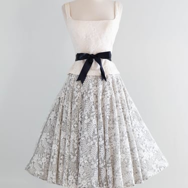 Classic 1990's Designer Lace Party Dress With Black Silk Sash & Full Skirt / SM