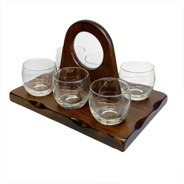 Vintage Cocktail Glass Set and Caddy Retro 1970s Mid Century Modern + Cornwall Industries + Set of 6 Glasses + Brown Wood Rack + MCM Barware 