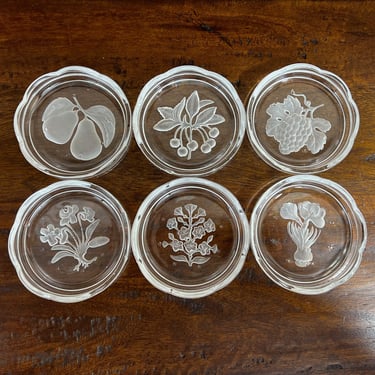 Vintage Embossed Glass Coasters with Floral and Fruit Design by Byron Hirota 