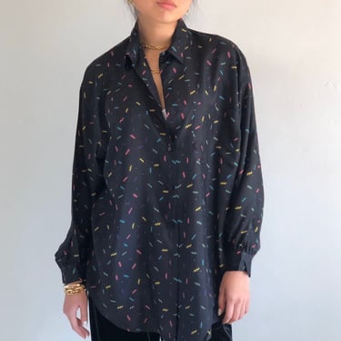 90s silk oversized blouse / vintage black silk confetti print batwing blouse pocket shirt | Extra Large 
