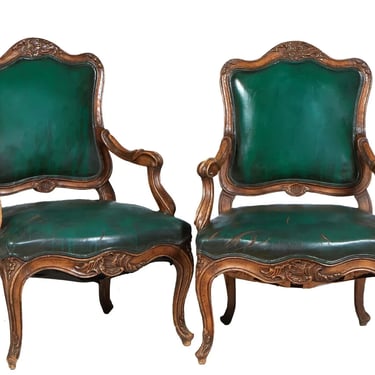 Fauteuils, Pair, Louis XV Style Carved Walnut, Green, 20th C, Vintage / Antique