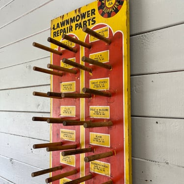 Lawnmower Repair Parts Display Hardware Store Industrial Display Red and Yellow Wood Rack Wall Rack Necklace Display Jewelry Display 