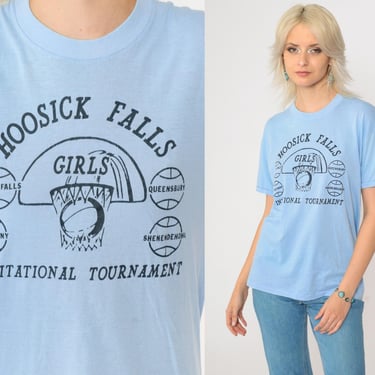 80s Basketball Tee Shirt Hoosick Falls Girls Invitational Tournament T-Shirt Vintage 1980s New York Single Stitch Baby Blue Small 