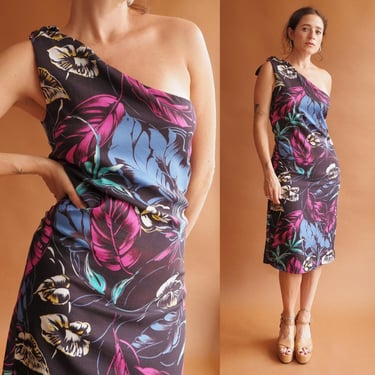 Vintage 80s One Shoulder Floral Dress/ Size XS Small 