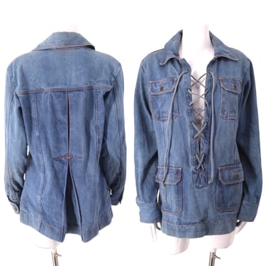 70s denim lace up shirt S, vintage 1970s mens safari pullover, 70s menswear gender neutral unisex top jacket 