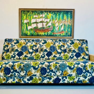Mid Century Turquoise Floral Sofa, MCM Sofa, Vintage, Sofa, Mid Century Living Room, Boho Sofa 
