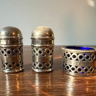 Vintage Apex Silver-plated and Cobalt Blue Glass Salt & Pepper Shaker with Salt Cellar | Kitchen Table Spice | Made in England | Set of 3 pc 