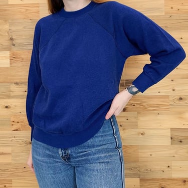 Soft Worn 80's Vintage Blue Pullover Raglan Sweatshirt Sweater Top 