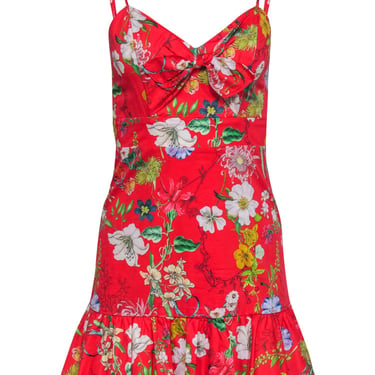 Parker - Red Floral Mini Dress w/ Tie Front & Flounce Hem Sz 0