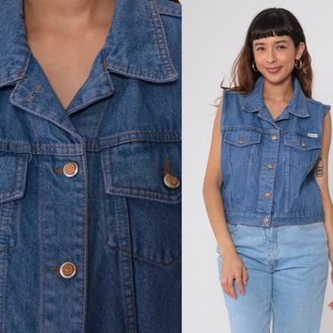 Cropped Denim Vest Top 90s Blue Jean Shirt Bill Blass Sleeveless Jean Shirt Biker Top Button Up Crop Top Vintage 1990s Cotton Medium M 