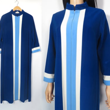 Vintage 70s Deadstock Vanity Fair Blue Color Block Fleece Front Zip Robe Maxi Dress Made In USA Size 12 M/L 