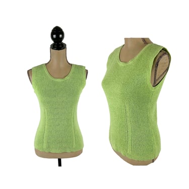 90s Y2K Green Knit Tank Top, Sleeveless Sweater Ribbed Pointelle , Summer Clothes for Women, Vintage SAG HARBOR - Size Small to Medium 