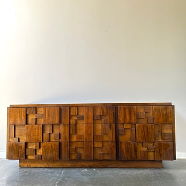 MCM Brutalist Style Long Walnut Dresser By Lane Staccato 