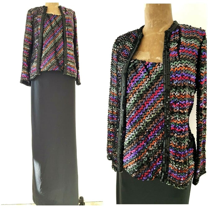 Vintage 80s Sequin Formal Dress Size Medium Cruise Gown Beaded Rainbow