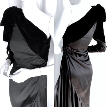 LANVIN HAUTE COUTURE, 1 Shoulder Evening Dress, Minimalist Stealth Wealth Chic, 1930s Bias Cut Gown, Silk Satin & Velvet Evening Dress 