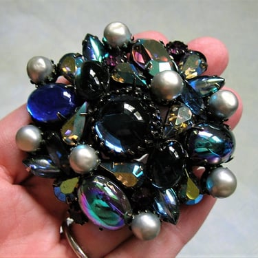 Vintage 1950's Kramer Blue Rhinestone Brooch Pin, Large Statement Brooch with Iridescent Cabochons, Old Kramer Brooch Pin (#4139) 