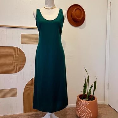 Vintage 90s Emerald Green Silky Tank Midi Slip Dress USA Made - Medium 