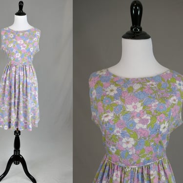 60s Floral Dress - Soft Pink Blue Green Purple White - Sleeveless - Full Skirt - Vintage 1960s - M 