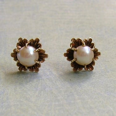 Antique Victorian 14k Gold and Pearl Pierced Earrings, Classic Gold and Pearl Pierced Earrings, Wedding Earrings (#4277) 