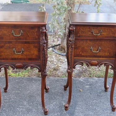 French Hand Carved Inlay Nightstands End Side Bedside Tables Set of Two 4042