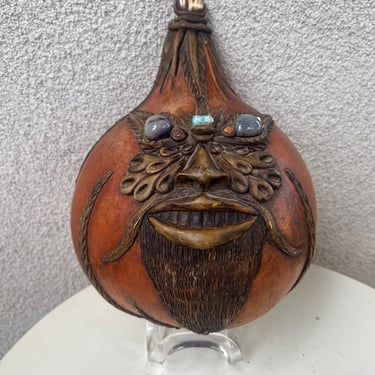 Vintage WB Brazilian Tribal Gourd Mask Art Stones 12” X 8” x 5” Primitive 