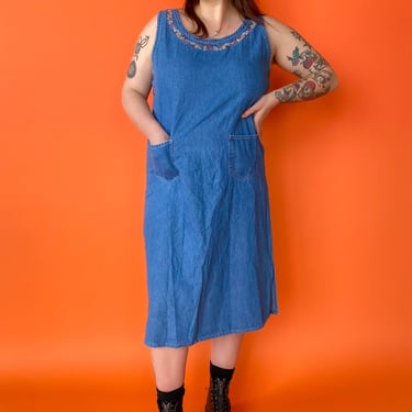 1990s Embroidered Denim Overall Dress, sz. 2X