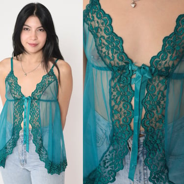 Green Lingerie Top 90s Sheer Lace Babydoll Tank Top Camisole Open Front Cami Empire Waist Ribbon Bow Tie Sexy Intimates Vintage 1990s Medium 