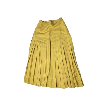 Vintage Tahari Pleated Mustard Yellow Wool Midi Skirt, Size 26 