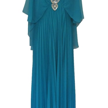 Teal Maxi Dress, Vtg 70s Mister Jay, M/L Women, Formal Long Gown, Chiffon Overlay 