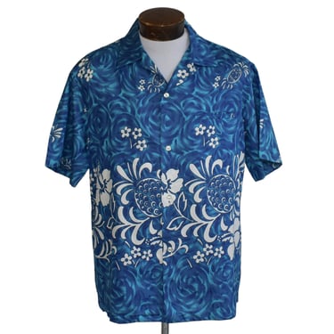 Vintage 60s Men Diamond Head Sportswear Hawaiian Aloha Shirt  - Loop Collar Blue Cotton Tiki Border Print - Size L Large 