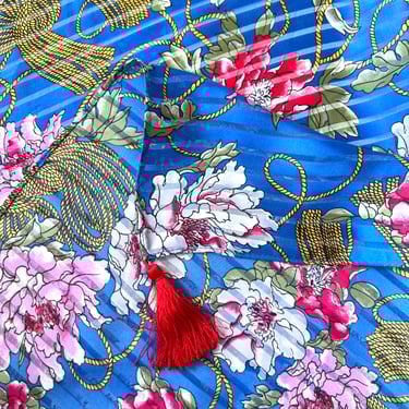 Diane Freis Scarf, Blue Silk Scarf with Red and Pink Flowers, Shear Vertical Stripes and Tassels, Square Scarf, Designer Accessories, Gift 
