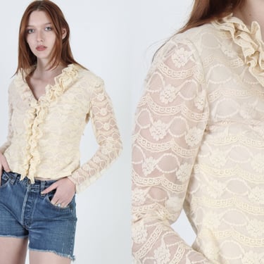 Ivory Lace Victorian Blouse / Vintage 70s Country Ruffle Top / Sheer Floral Peasant Blouse / Womens Prairie Folk Festival Blouse 