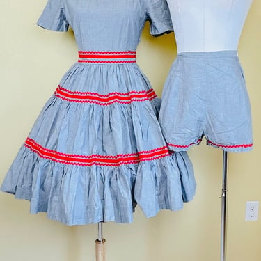 1960s Vintage Grey and Red Chambray Square Dance Set / 60s Western Red Ric Rac Three Piece With Hot Pants Western / Small 