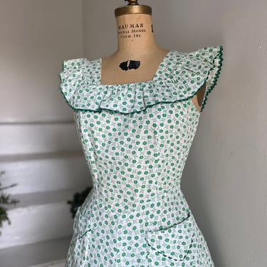 1940s Green and White Ditsy Print Full Skirt Sundress Vintage Summer 36 Bust 