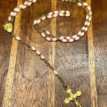 Vintage Pink Rosary Flat Rectangular Glass Beads France French Religious Jewelry 