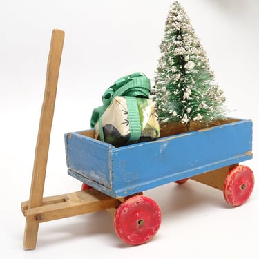 Antique 1950's German Wooden Wagon with Sisal Christmas Tree & Wrapped Gift, Vintage Folk Art Primitive Pull Toy Cart 