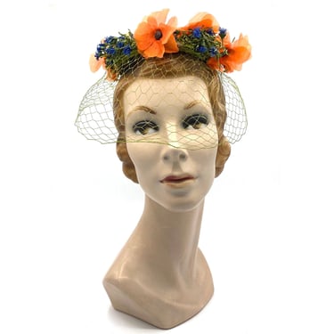 Vintage 1960s Small Floral Hat, Poppies and Cornflowers, Mid-Century Spring/Summer Fashion, Saks Fifth Avenue Mini Pillbox Hat, One Size 