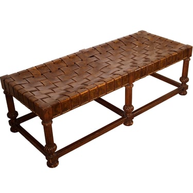 Mid Century Modern Heritage Grand Tour Leather Weave Bench 