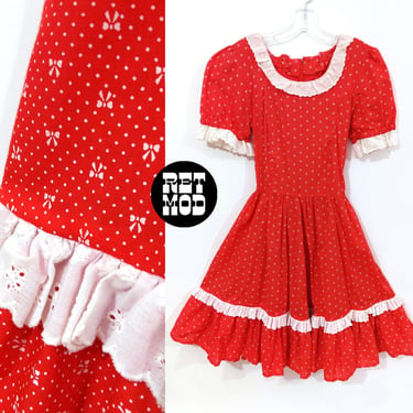 Sweet Vintage 70s Red Little Bows Print Fit and Flare Country Dress 