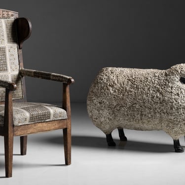 Primitive Farm Chair with Zak &amp; Fox Fabric / Lifesized Sheep
