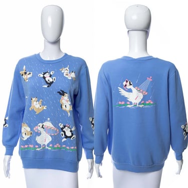 1980's Scarab Blue and Multicolor Puppy and Kitty Motif Sweatshirt Size M/L