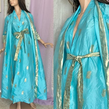 FABULOUS Caftan Dressing Gown, Gold Lurex Metallic, Brocade Sheer Overlay Robe, Hong Kong, Vintage 60s 70s 