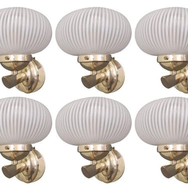 Set of Ten White Ribbed Bowl Murano Sconces by Barovier e Toso. Italy, 1950's