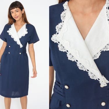 Navy Blue ShirtDress 80s Sheath Dress White Lace Collared Double Breasted Button Up Midi High Waist Retro Vintage 1980s Medium Petite 