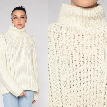 Turtleneck Sweater 80s Cream Cable Knit Sweater Retro Pullover Cableknit Jumper Cozy Turtle Neck Fisherman Vintage 1980s Acrylic Medium M 