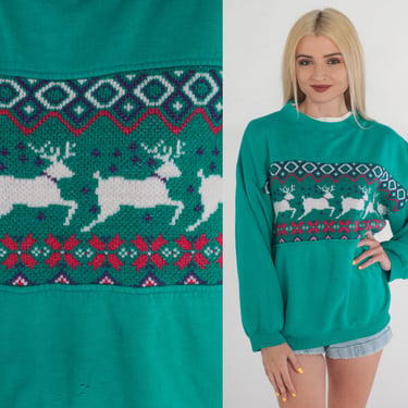 Reindeer Sweatshirt 90s Nordic Ski Sweater Green Knit Fair Isle Geometric Print Pullover Crewneck Retro Norwegian Winter Vintage 1990s Large 