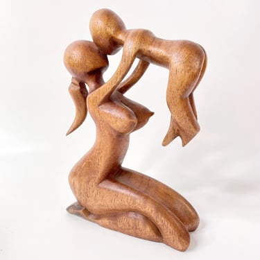 Mid Century Vintage Nude Mother & Child Wood Carved Sculpture Art Hand carved