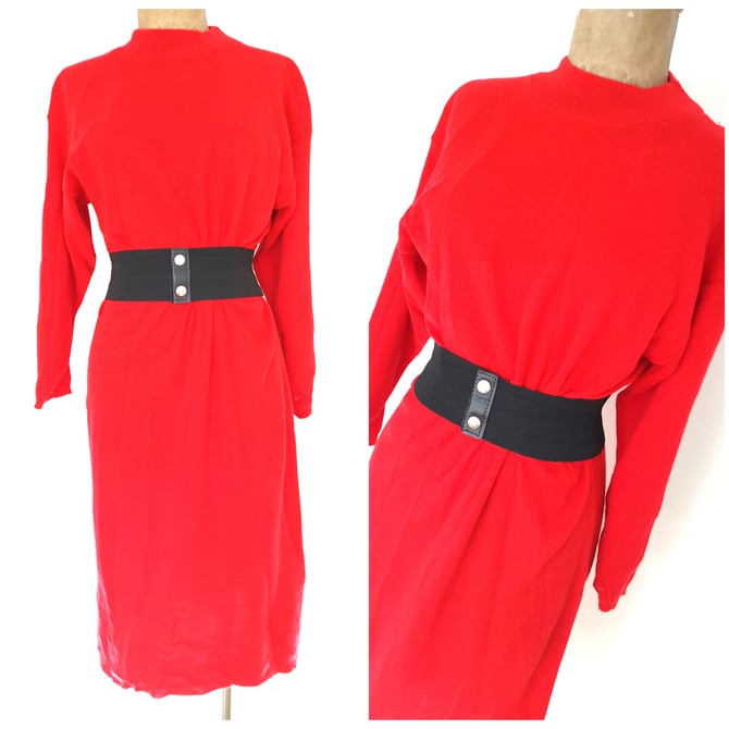 Vintage 80s Red Knit Sweater Dress Size Medium Career Slouch Retro Midi